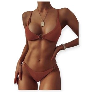 ZAFUL Women's Ribbed O-Ring String Padded Low Waisted Bikini Set Swimsuit